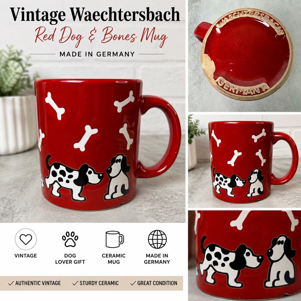 Vintage Waechtersbach Germany Red Dog Bones Ceramic Coffee Mug Cute Puppy Cup